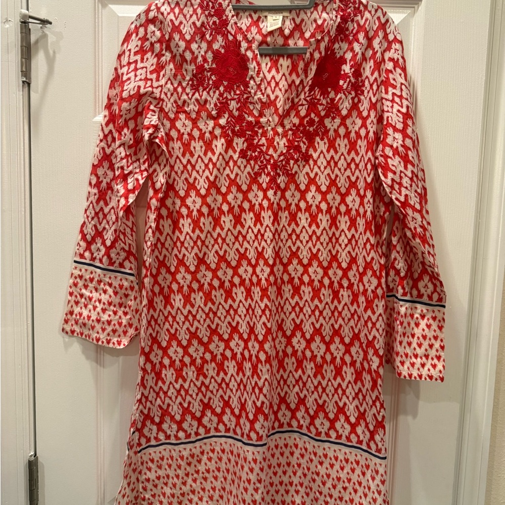 Sundance 100% Cotton Red & White Printed Long Sleeve Dress with Embroidered Neck